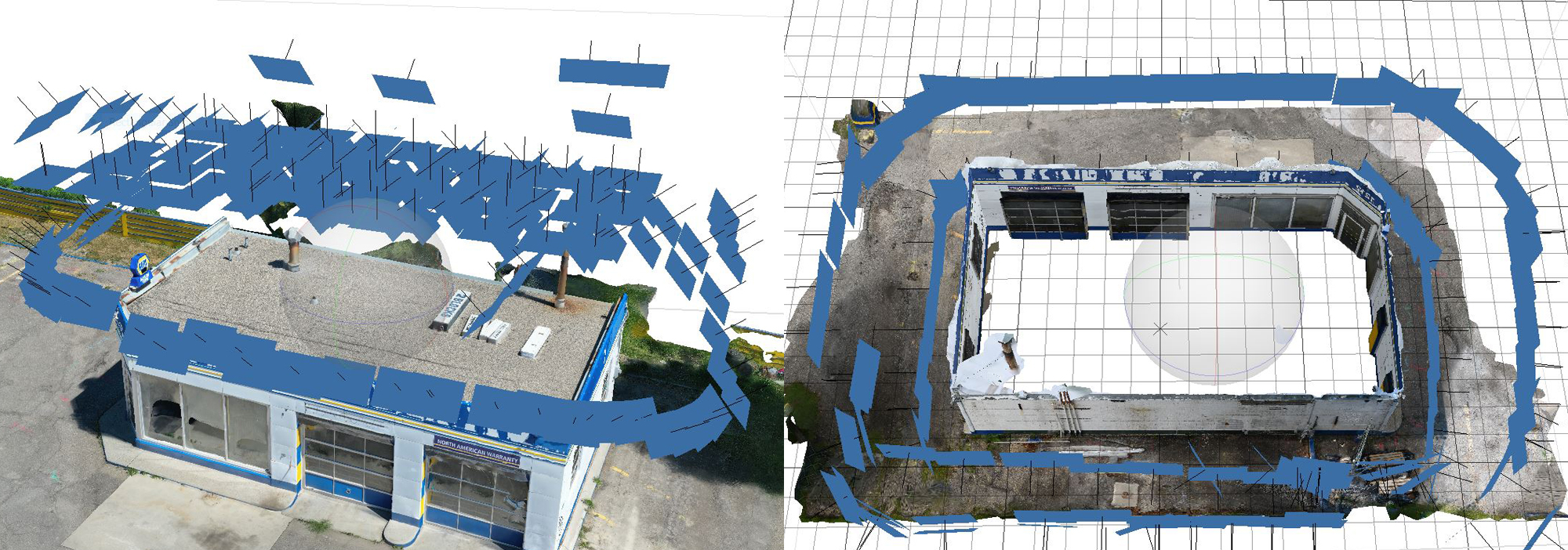 two images showing camera placement for both drone and land based photogrammetry