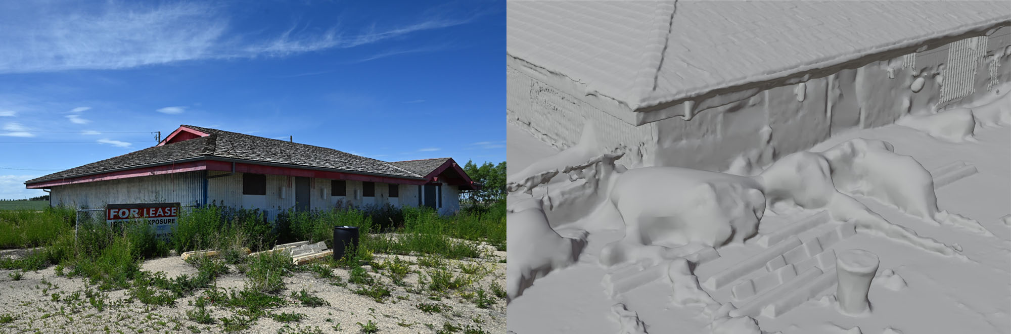 photograph and render of the sides of a building showing how weeds and shadows interefered with the model